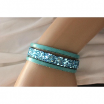 Bracelet manchette en cuir & paillettes turquoise 