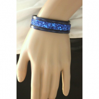 Bracelet manchette en cuir et paillettes bleu roi