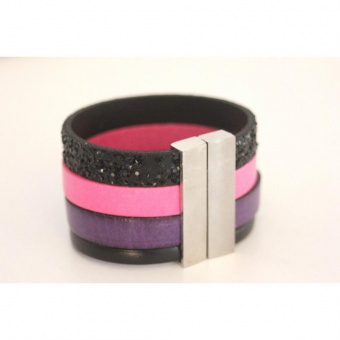 Manchette en cuir noir violet rose et paillettes 