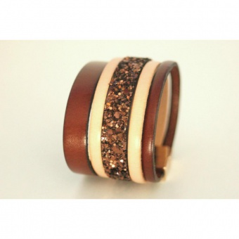 Bracelet manchette cuir naturel marron paillettes