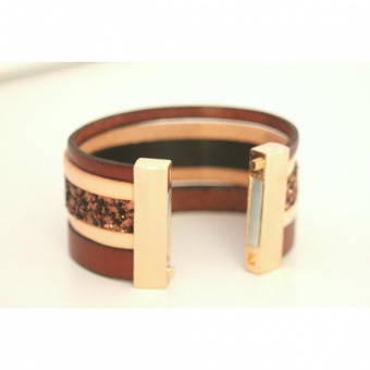 Bracelet manchette cuir naturel marron paillettes