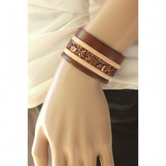 Bracelet manchette cuir naturel marron paillettes