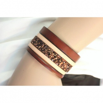 Bracelet manchette cuir naturel marron paillettes