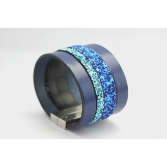 Bracelet manchette en cuir et paillettes bleu