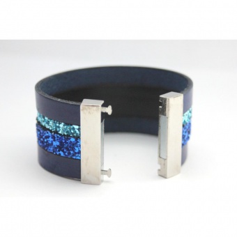 Bracelet manchette en cuir et paillettes bleu