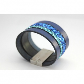 Bracelet manchette en cuir et paillettes bleu