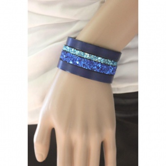 Bracelet manchette en cuir et paillettes bleu