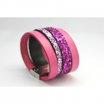 Bracelet manchette en cuir et paillettes rose