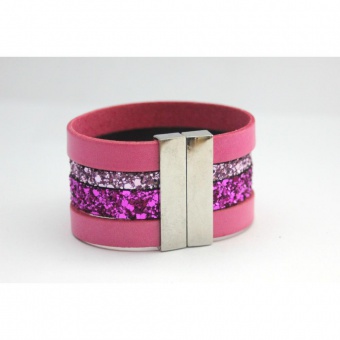 Bracelet manchette en cuir et paillettes rose