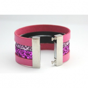 Bracelet manchette en cuir et paillettes rose