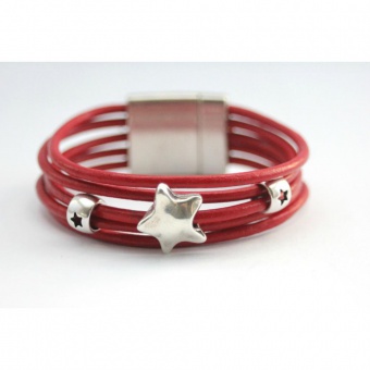 Bracelet manchette cuir rouge étoiles argent