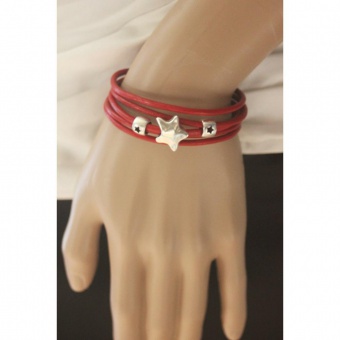 Bracelet manchette cuir rouge étoiles argent