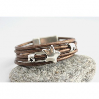 Bracelet manchette cuir bronze Ã©toiles argent