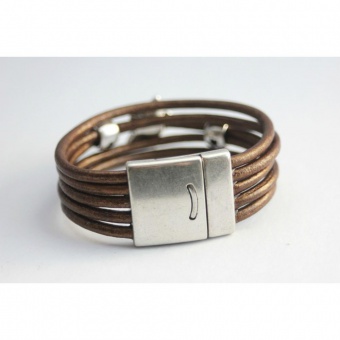 Bracelet manchette cuir bronze étoiles argent