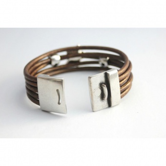 Bracelet manchette cuir bronze étoiles argent