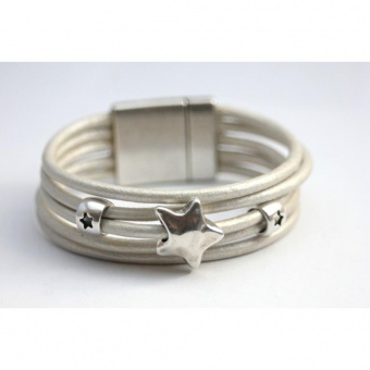 Bracelet manchette cuir blanc nacrÃ© Ã©toile argent