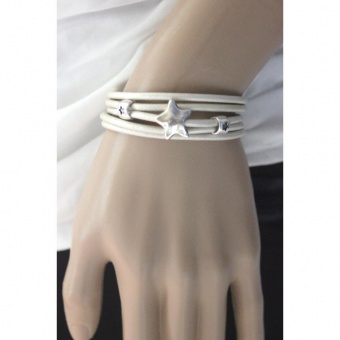 Bracelet manchette cuir blanc nacré étoile argent