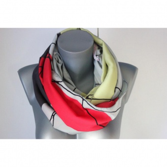 Snood tissu imprimé graphique gris jaune et rouge 