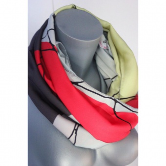 Snood tissu imprimé graphique gris jaune et rouge 