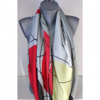 Snood tissu imprimé graphique gris jaune et rouge 