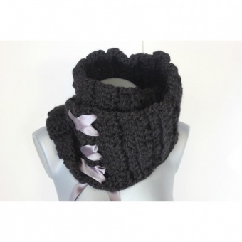 Echarpe Snood laine noire et ruban satin gris