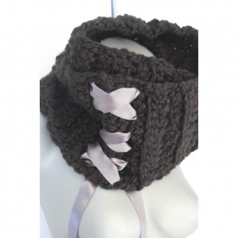 Echarpe Snood laine noire et ruban satin gris