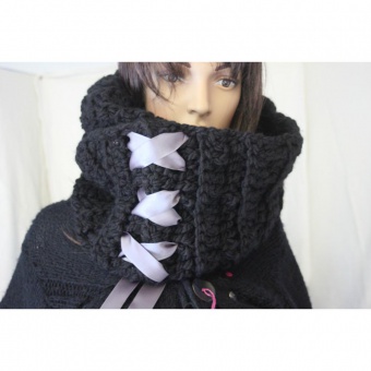 Echarpe Snood laine noire et ruban satin gris