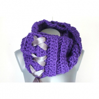 Echarpe Snood laine violet et ruban satin gris