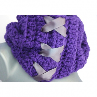 Echarpe Snood laine violet et ruban satin gris