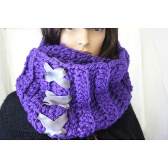 Echarpe Snood laine violet et ruban satin gris