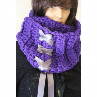 Echarpe Snood laine violet et ruban satin gris