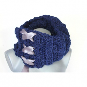 Echarpe Snood laine bleu marine & ruban satin gris