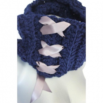 Echarpe Snood laine bleu marine & ruban satin gris