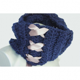 Echarpe Snood laine bleu marine & ruban satin gris