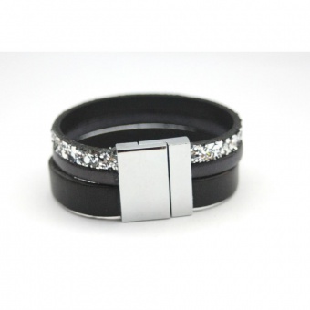 Bracelet manchette cuir noir gris et paillettes