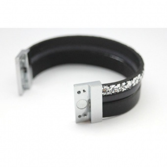 Bracelet manchette cuir noir gris et paillettes