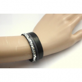 Bracelet manchette cuir noir gris et paillettes