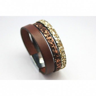 Bracelet manchette cuir marron et paillettes or