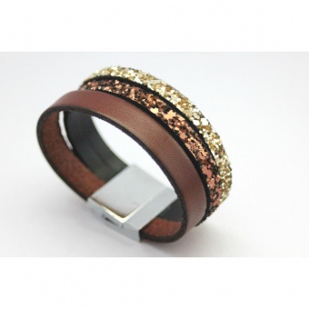 Bracelet manchette cuir marron et paillettes or