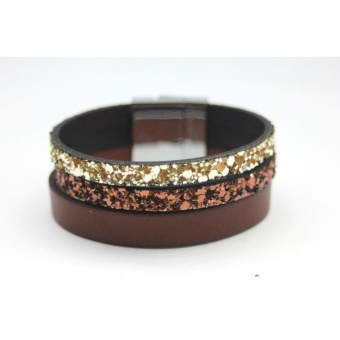 Bracelet manchette cuir marron et paillettes or