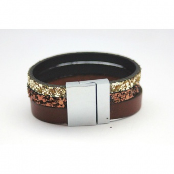 Bracelet manchette cuir marron et paillettes or
