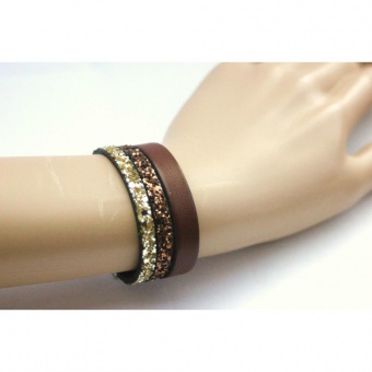 Bracelet manchette cuir marron et paillettes or