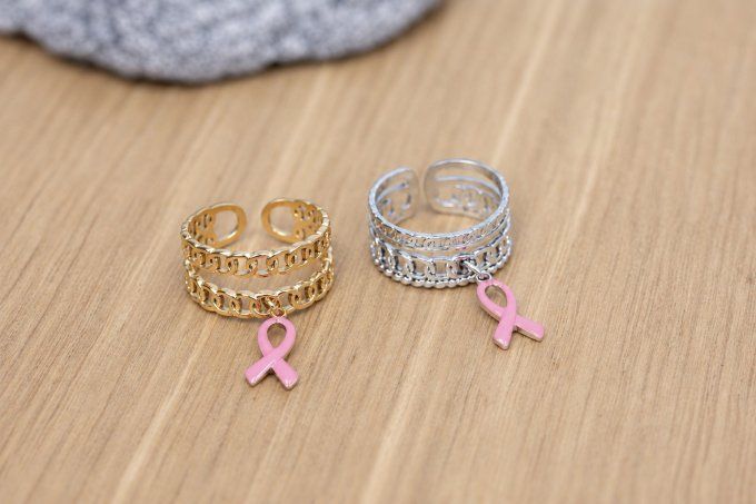 Bague ajustable acier doré ou argenté et breloque ruban octobre rose