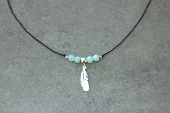 Collier perles amazonite et argent massif pendentif plume