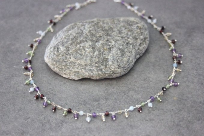 Collier argent massif et perles améthyste, péridot, citrine et aigue marine
