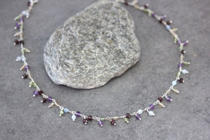 Collier argent massif et perles améthyste, péridot, citrine et aigue marine