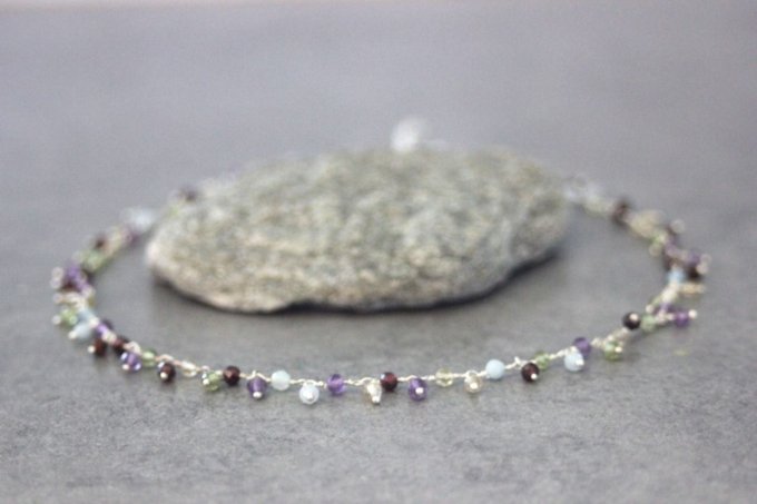 Collier argent massif et perles améthyste, péridot, citrine et aigue marine