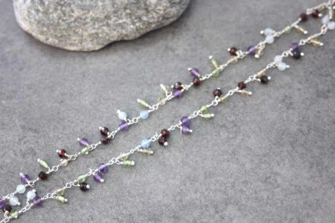 Collier argent massif et perles améthyste, péridot, citrine et aigue marine