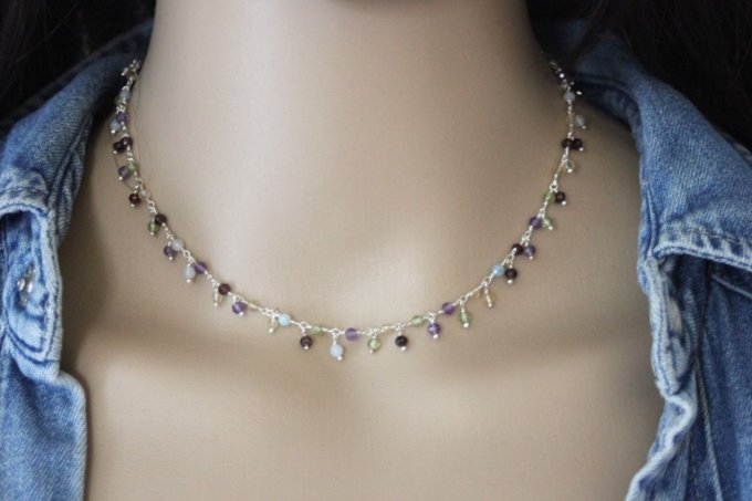 Collier argent massif et perles améthyste, péridot, citrine et aigue marine