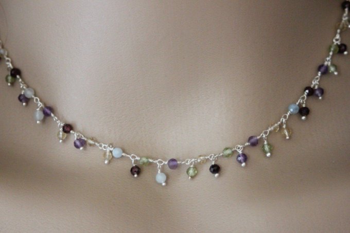 Collier argent massif et perles améthyste, péridot, citrine et aigue marine